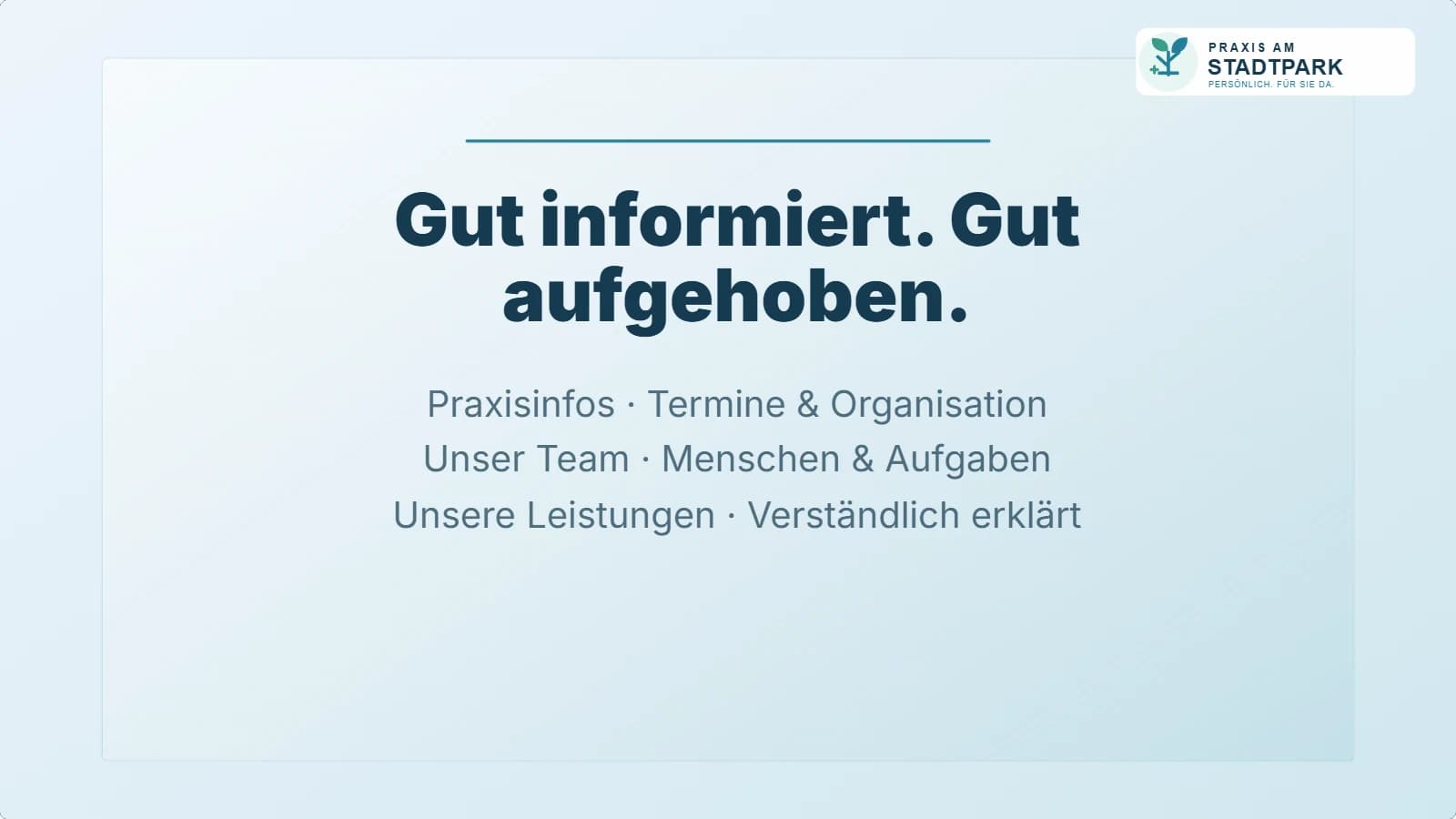 MedicScreen-Beispielfolie mit Praxisinfos, Team und Leistungen als Programmüberblick