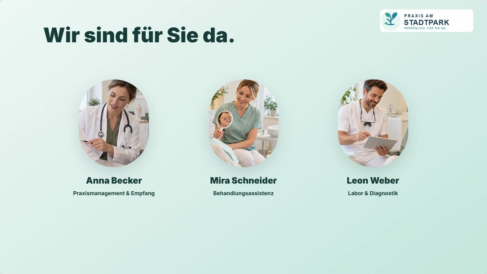 MedicScreen-Teamfolie mit drei Beispielpersonen, ihren Namen und Aufgaben